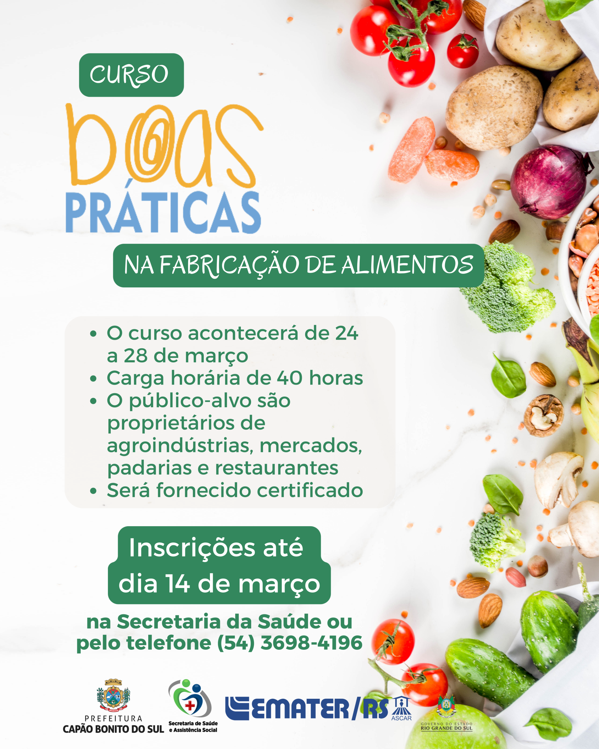 Secretaria de Saúde de Capão Bonito do Sul promoverá curso de boas práticas na fabricação de alimentos